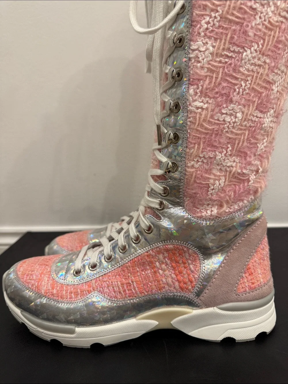 CHANEL Runway 2014 Paris Supermarket Pink Tweed Knee High Boots 37 Rare
